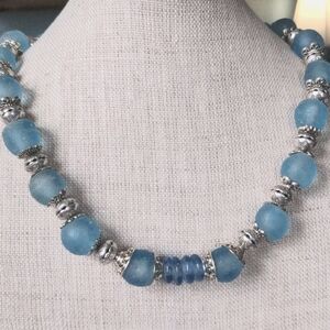 New Blue & Silver Beaded Necklace. Handmade Artisan Glass, Bali Style Silver